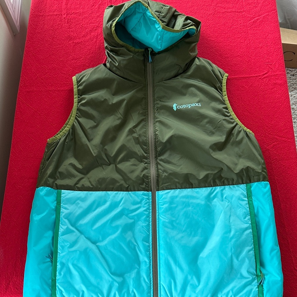 cotopaxi Olive and Teal Hooded Vest